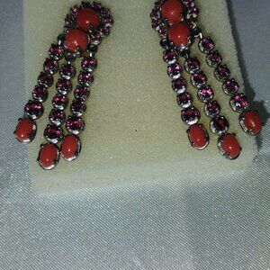 Coral and rhodolite garnet dangling earrings in sterling silver